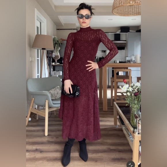 ZARA Burgundy Lace Asymmetrical Hem Midi Dress M NWT Boudoir Dark Romance Whimsy - Picture 6 of 16